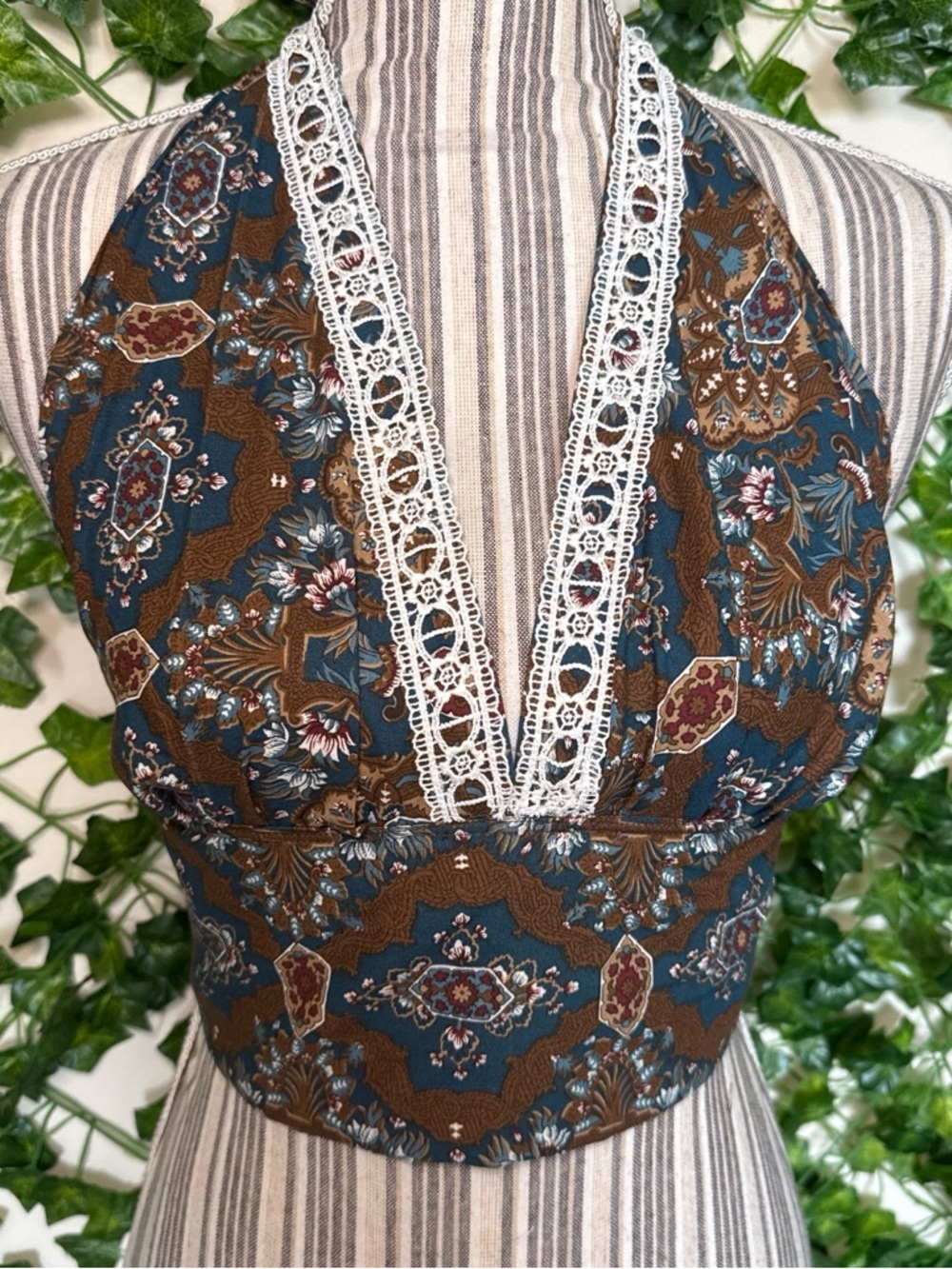 Bohemian Floral Halter Crop Top with Lace Trim - Teal & Brown